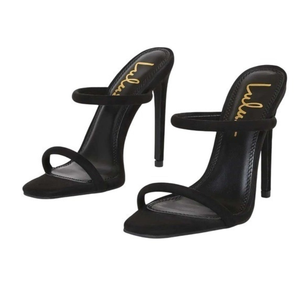NIB Lulus Theyaa Black Faux Suede Square Toe High Heel Sandals Size 10